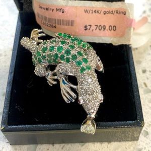 14K white gold lizard ring with diamonds, emeralds and rubies